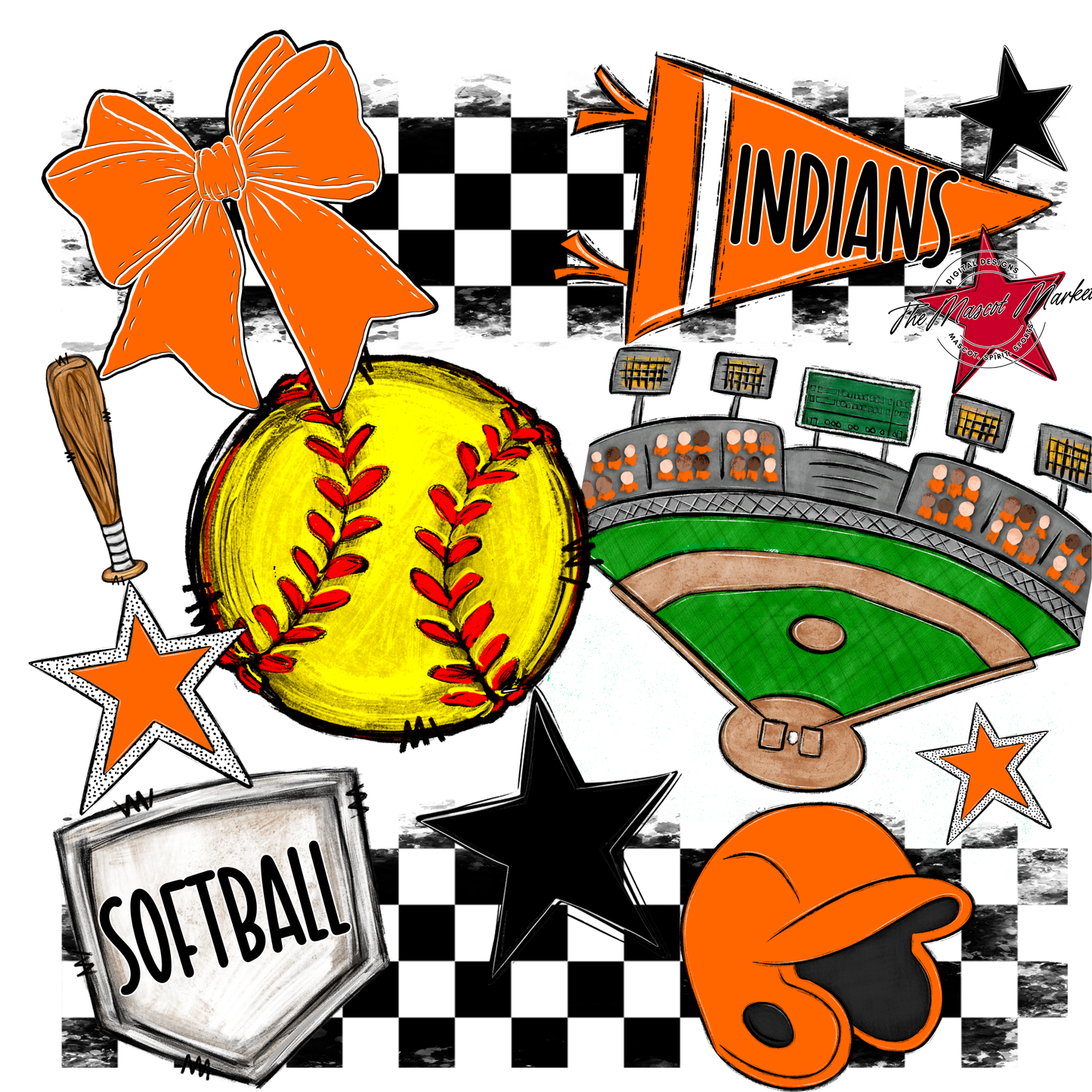Indians Checkers Softball Spirit Design-Orange