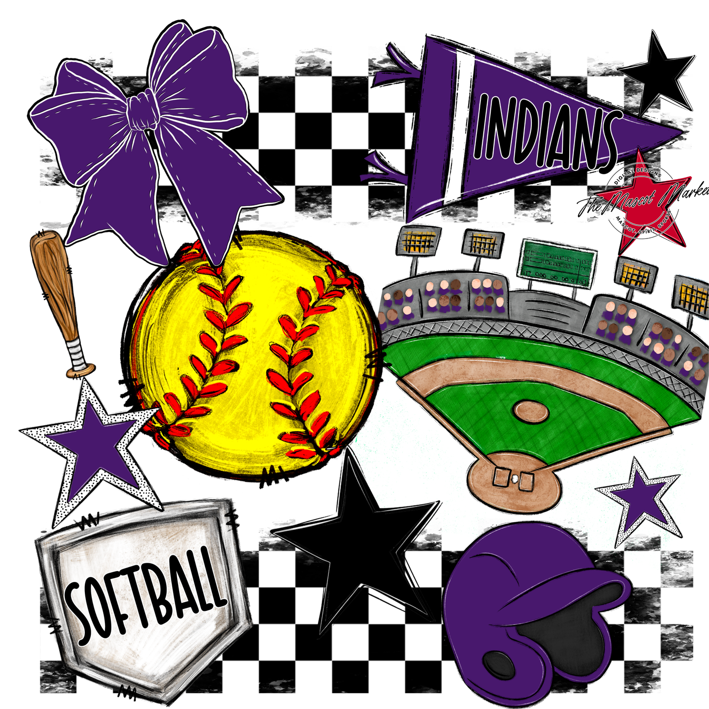 Indians Checkers Softball Spirit Design-Purple