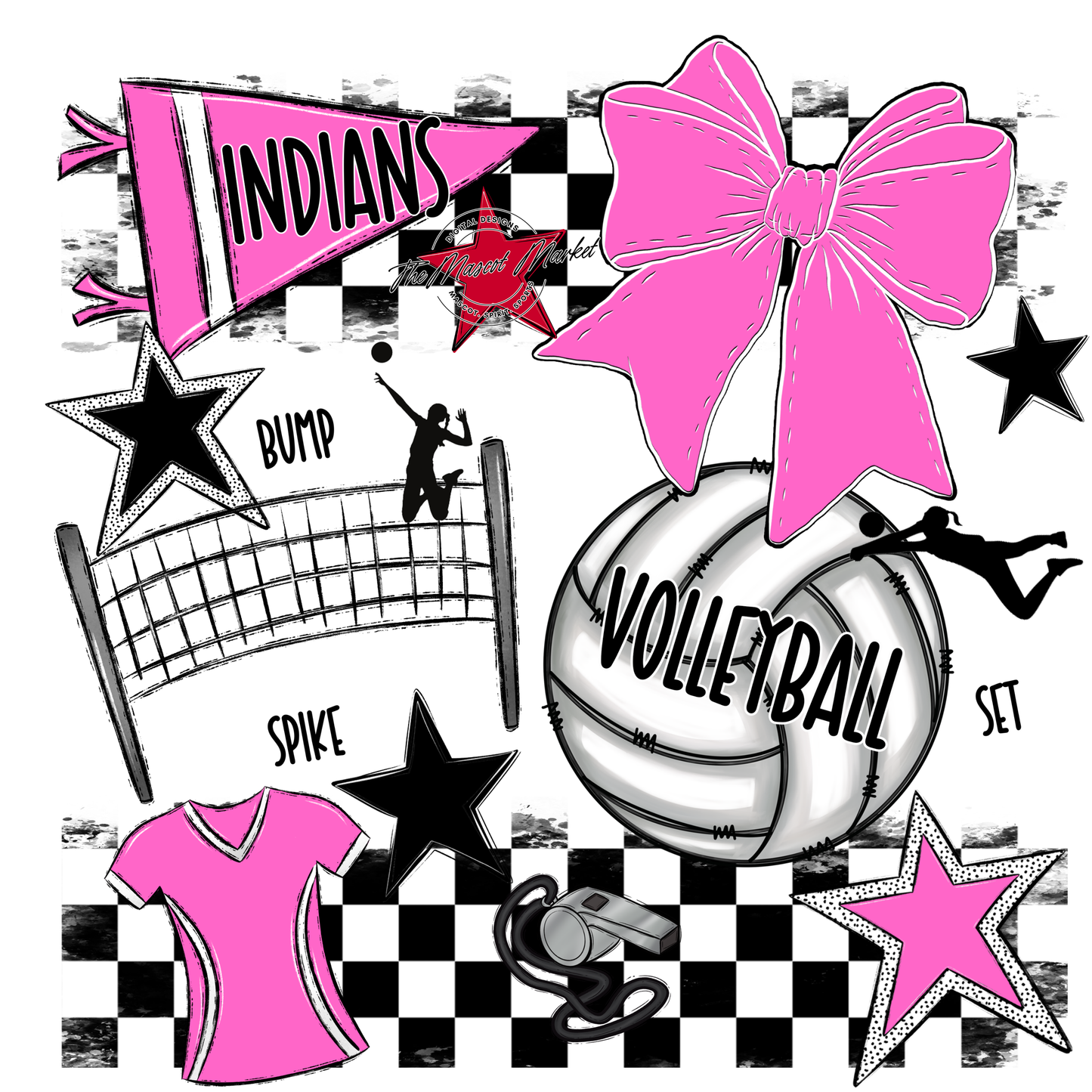 Indians Checkers Volleyball Spirit Design-Baby Pink
