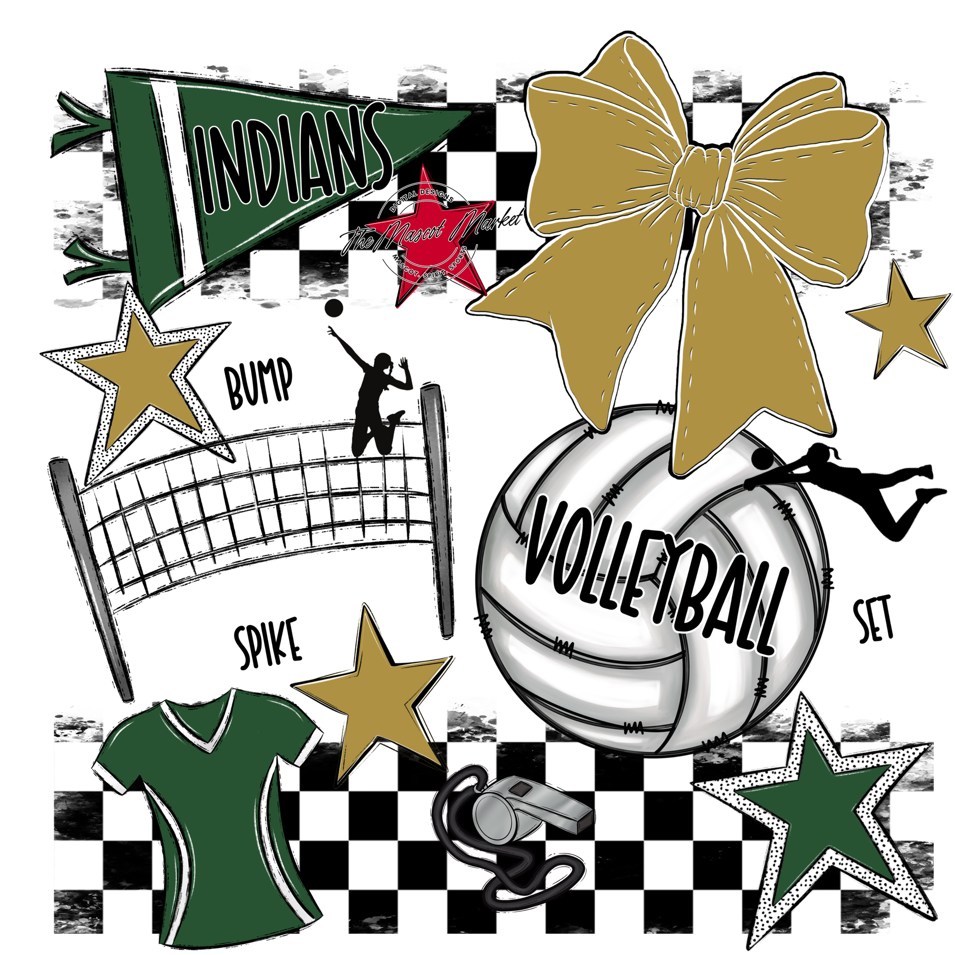 Indians Checkers Volleyball Spirit Design-Green-Gold