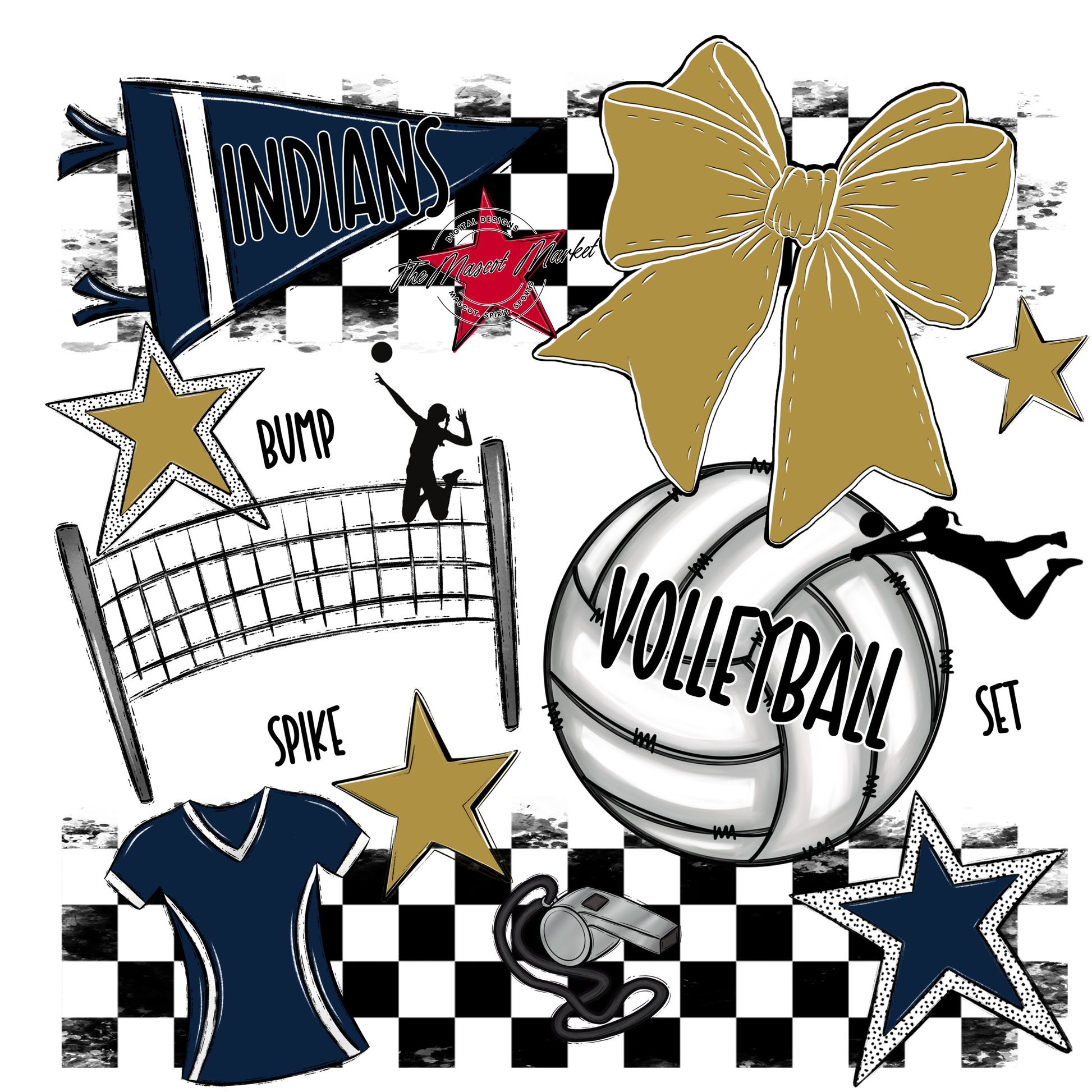 Indians Checkers Volleyball Spirit Design-Navy-Gold