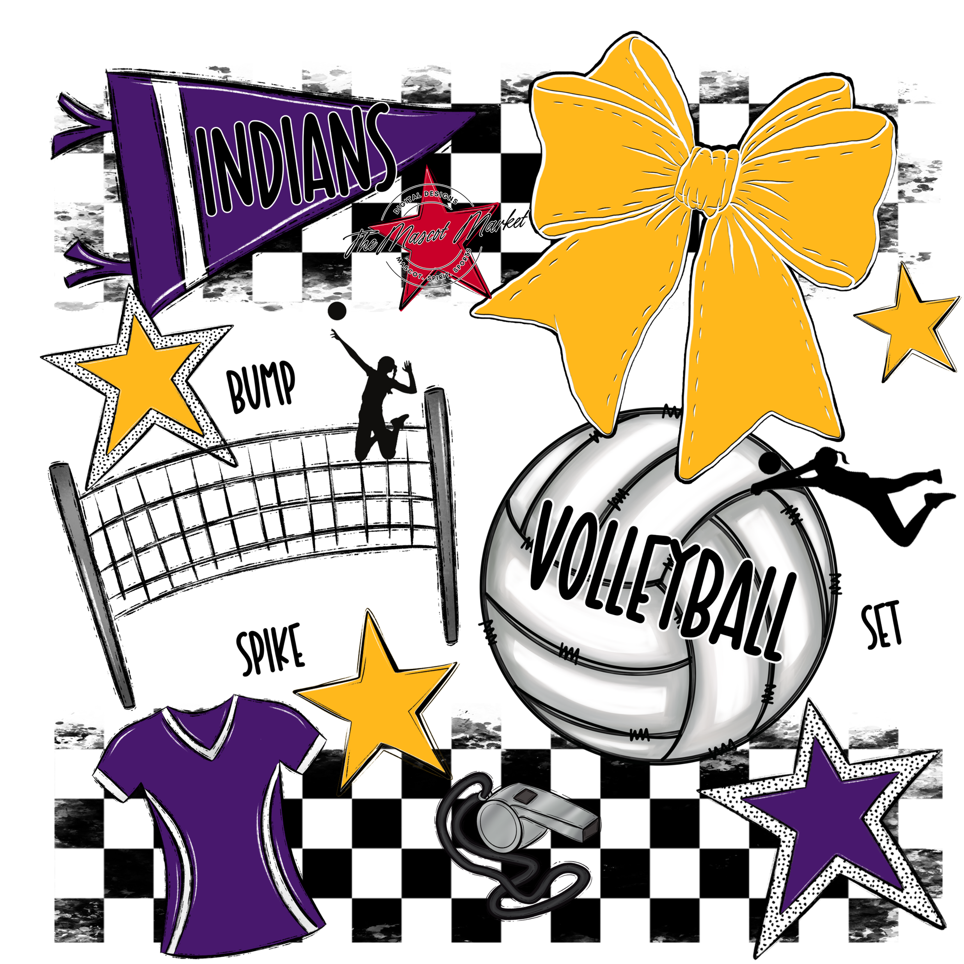 Indians Checkers Volleyball Spirit Design-Purple-Yellow