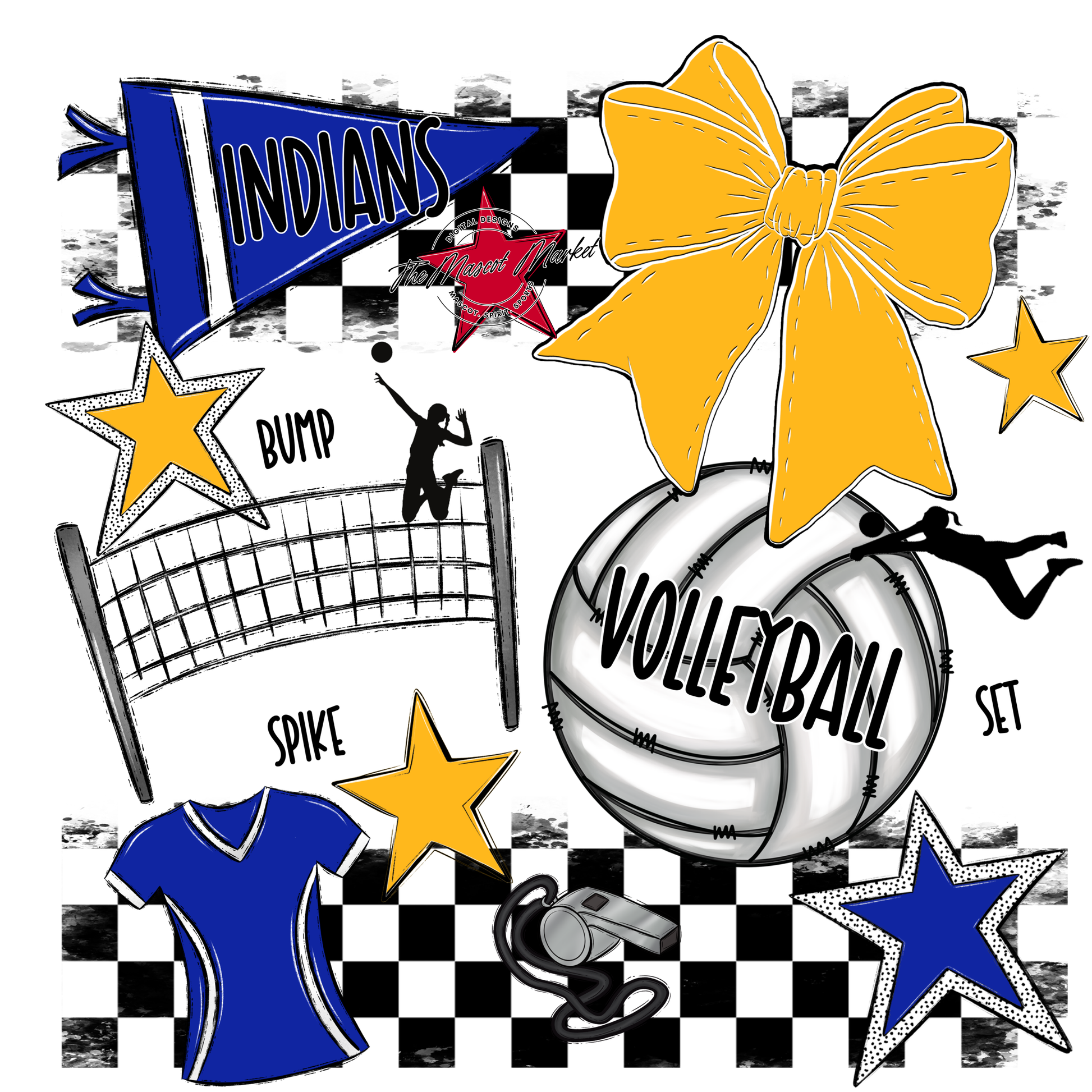 Indians Checkers Volleyball Spirit Design-Royal Blue-Yellow