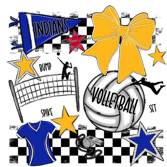 Indians Checkers Volleyball Spirit Design-Royal Blue-Yellow