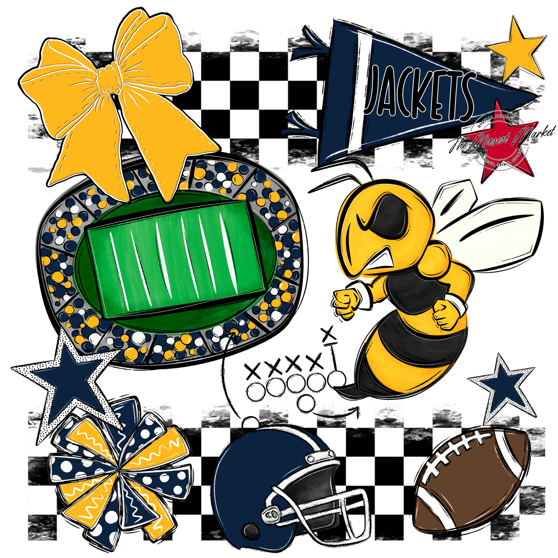 Jackets Checkers Mascot Spirit Design-Navy-Yellow