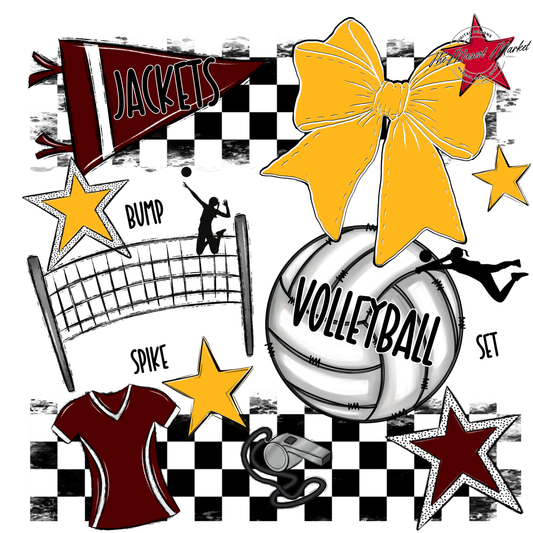 Jackets Checkers Volleyball Spirit Design-Maroon-Yellow