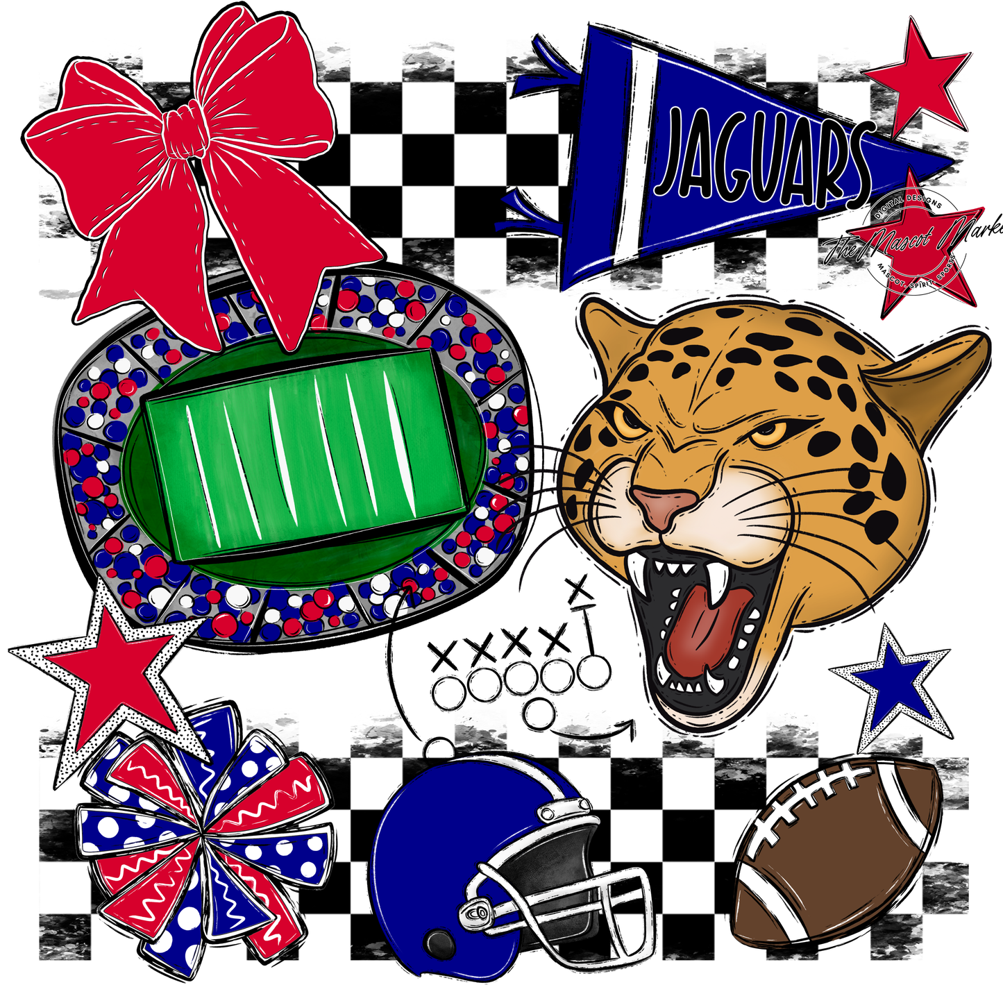 Jaguars Checkers Mascot Spirit Design-Blue-Red