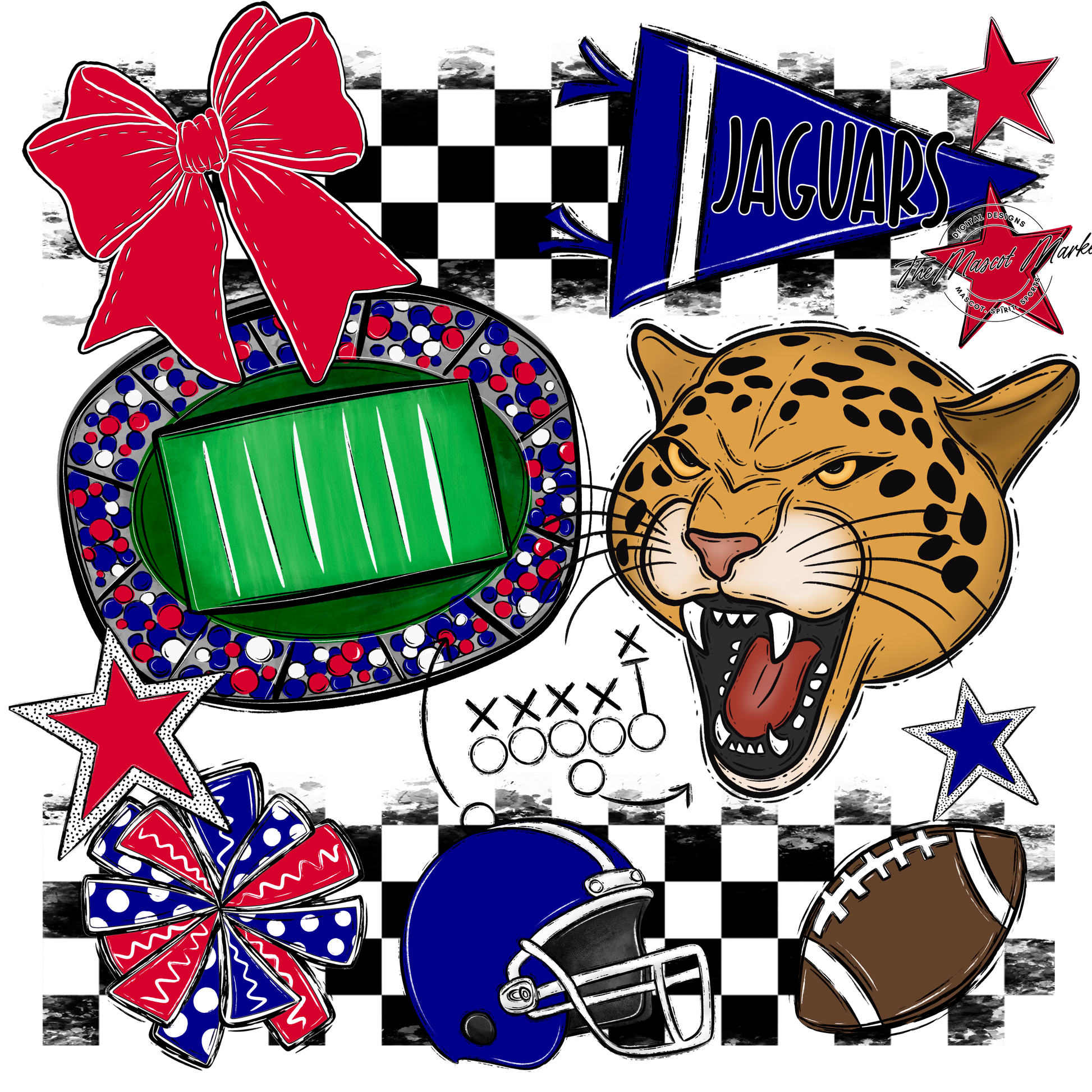 Jaguars Checkers Mascot Spirit Design-Blue-Red