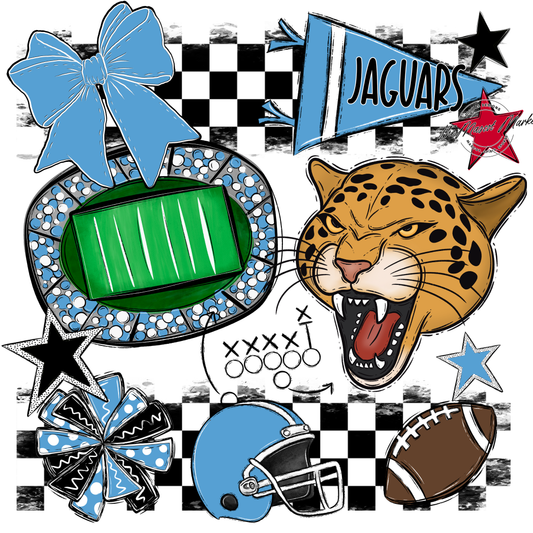 Jaguars Checkers Mascot Spirit Design-Carolina Blue