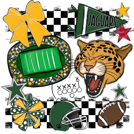 Jaguars Checkers Mascot Spirit Design-Green-Yellow