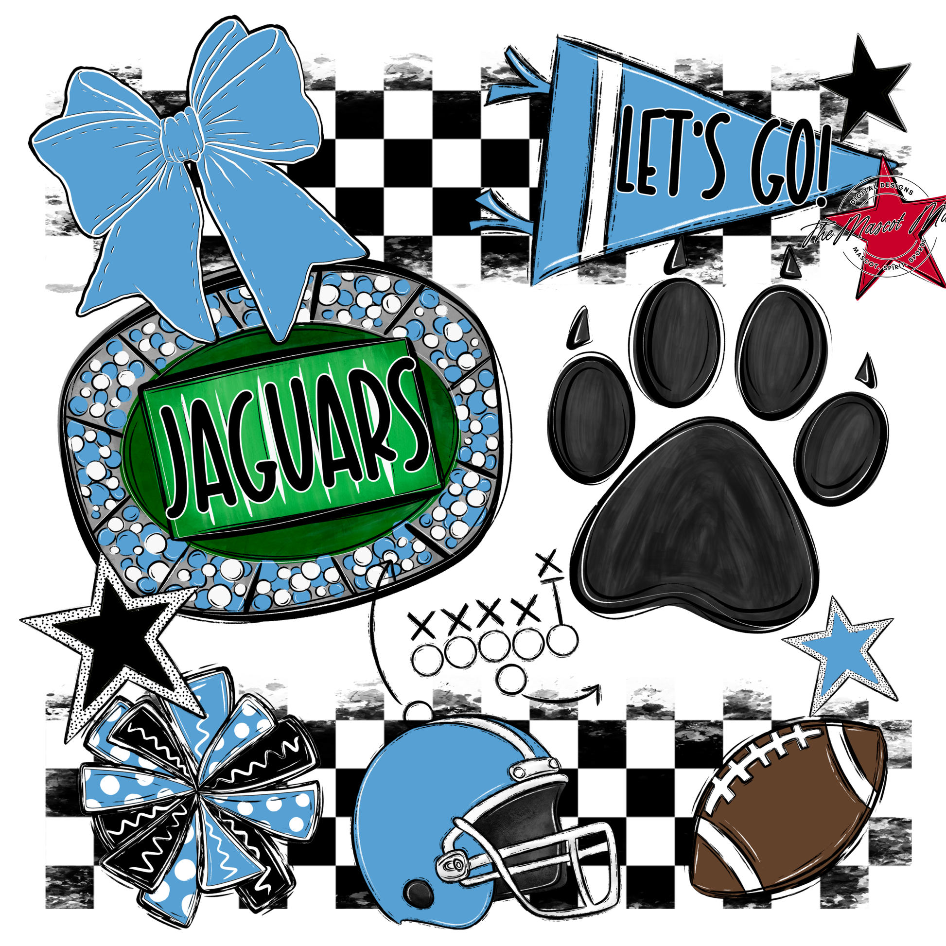 Jaguars Checkers Mascot Spirit Design w Paw-Carolina Blue