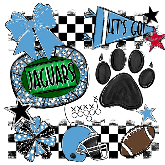 Jaguars Checkers Mascot Spirit Design w Paw-Carolina Blue