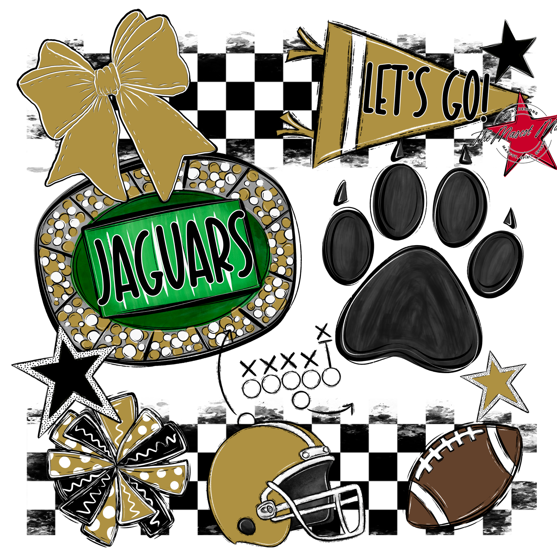 Jaguars Checkers Mascot Spirit Design w Paw-Gold