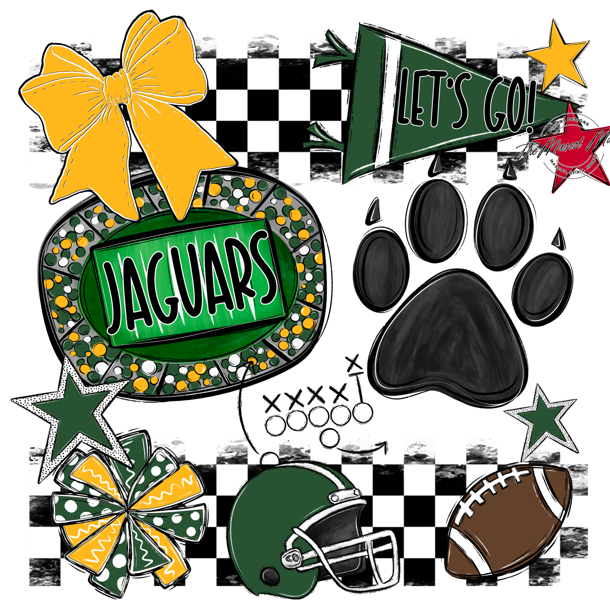 Jaguars Checkers Mascot Spirit Design w Paw-Green-Yellow