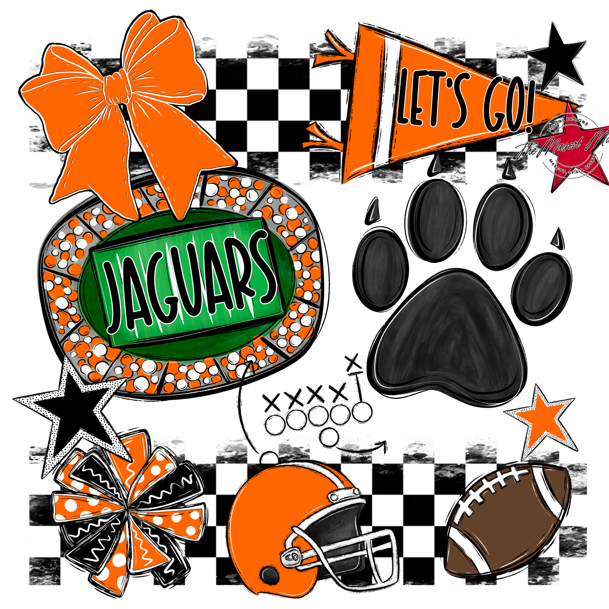 Jaguars Checkers Mascot Spirit Design w Paw-Orange