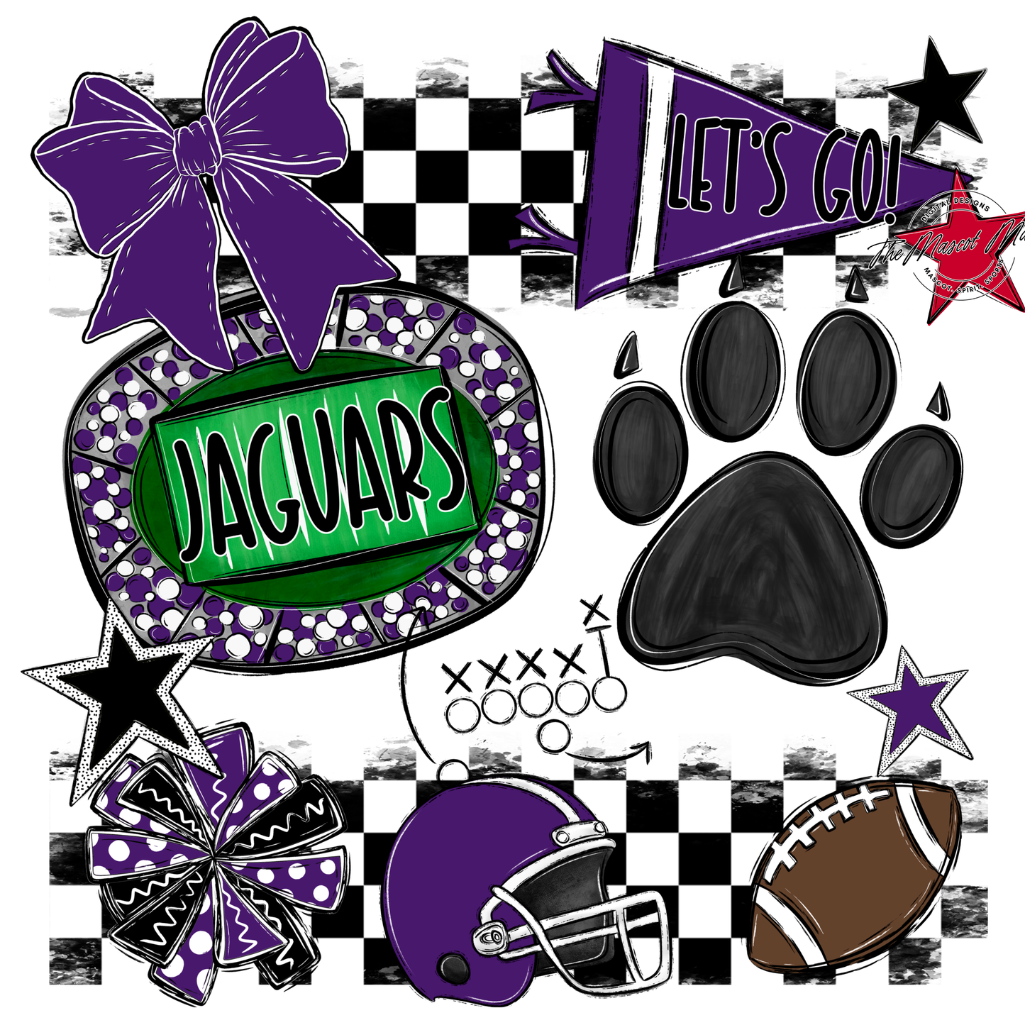 Jaguars Checkers Mascot Spirit Design w Paw-Purple