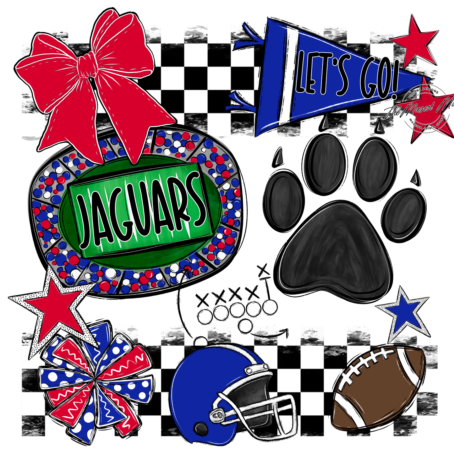 Jaguars Checkers Mascot Spirit Design w Paw-Royal Blue-Red