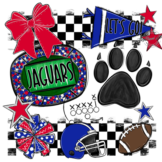 Jaguars Checkers Mascot Spirit Design w Paw-Royal Blue-Red