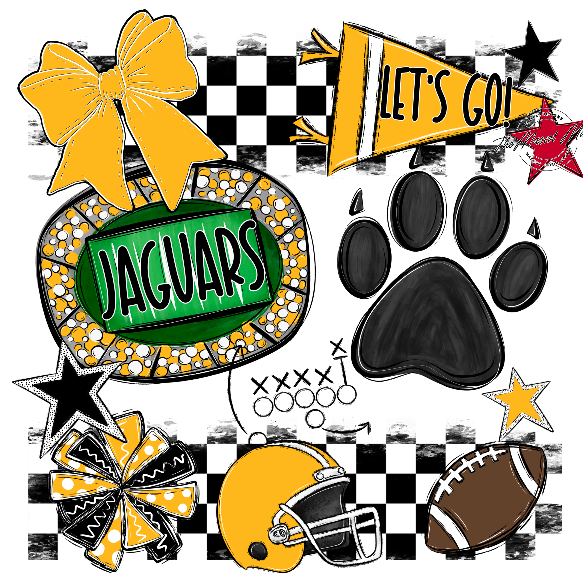 Jaguars Checkers Mascot Spirit Design w Paw-Yellow