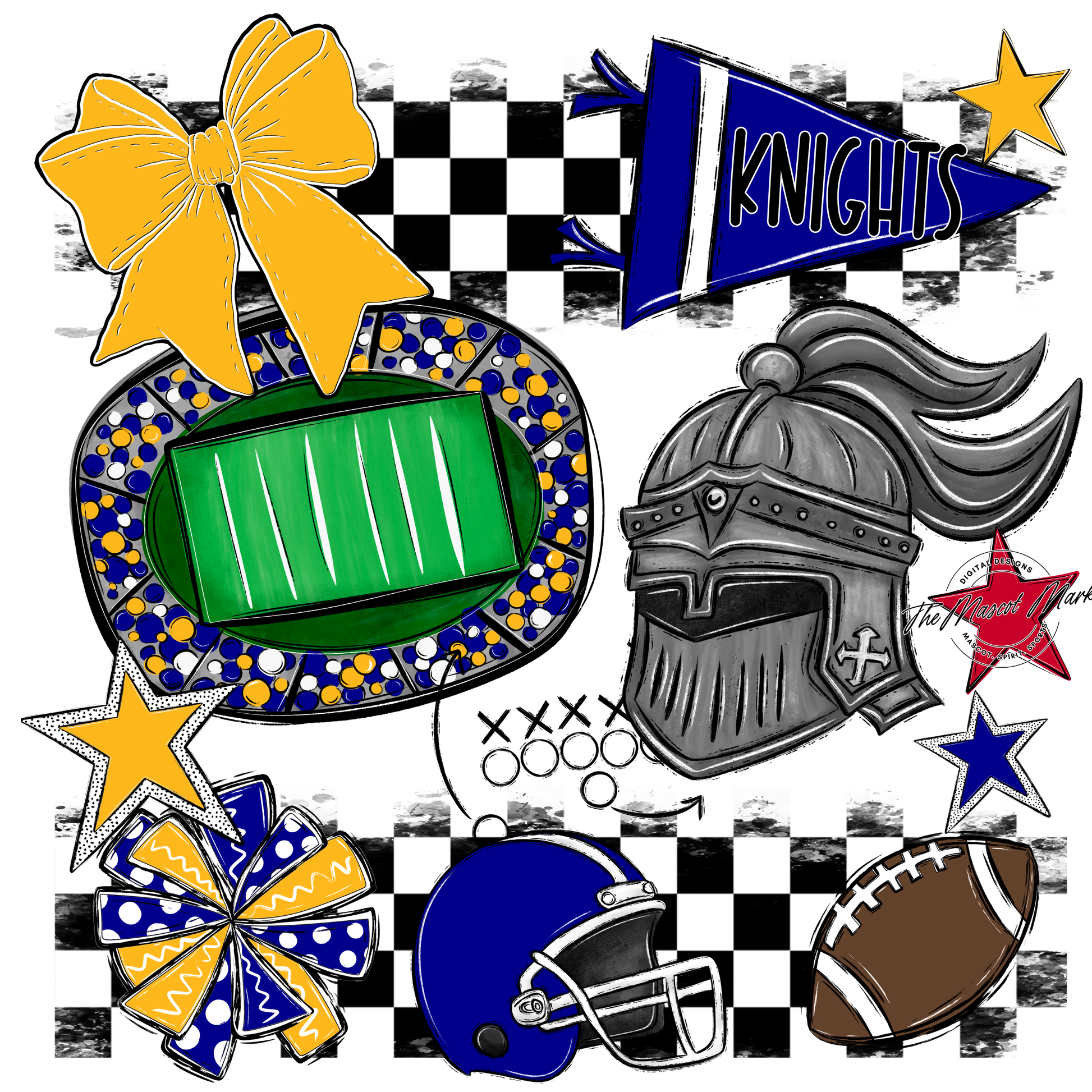 Knights Checkers Mascot Spirit Design-Blue-Yellow