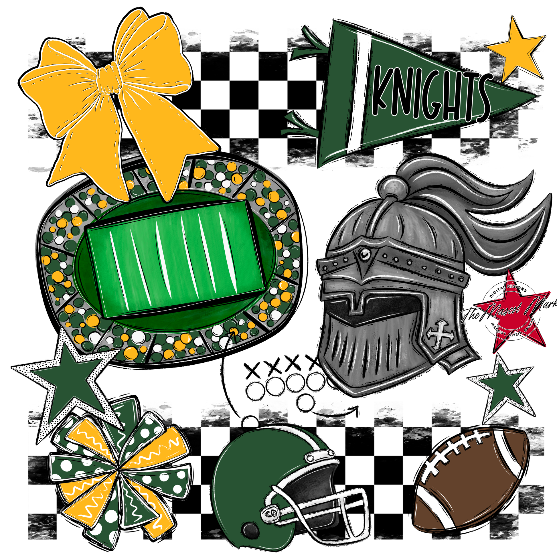 Knights Checkers Mascot Spirit Design-Green-Yellow