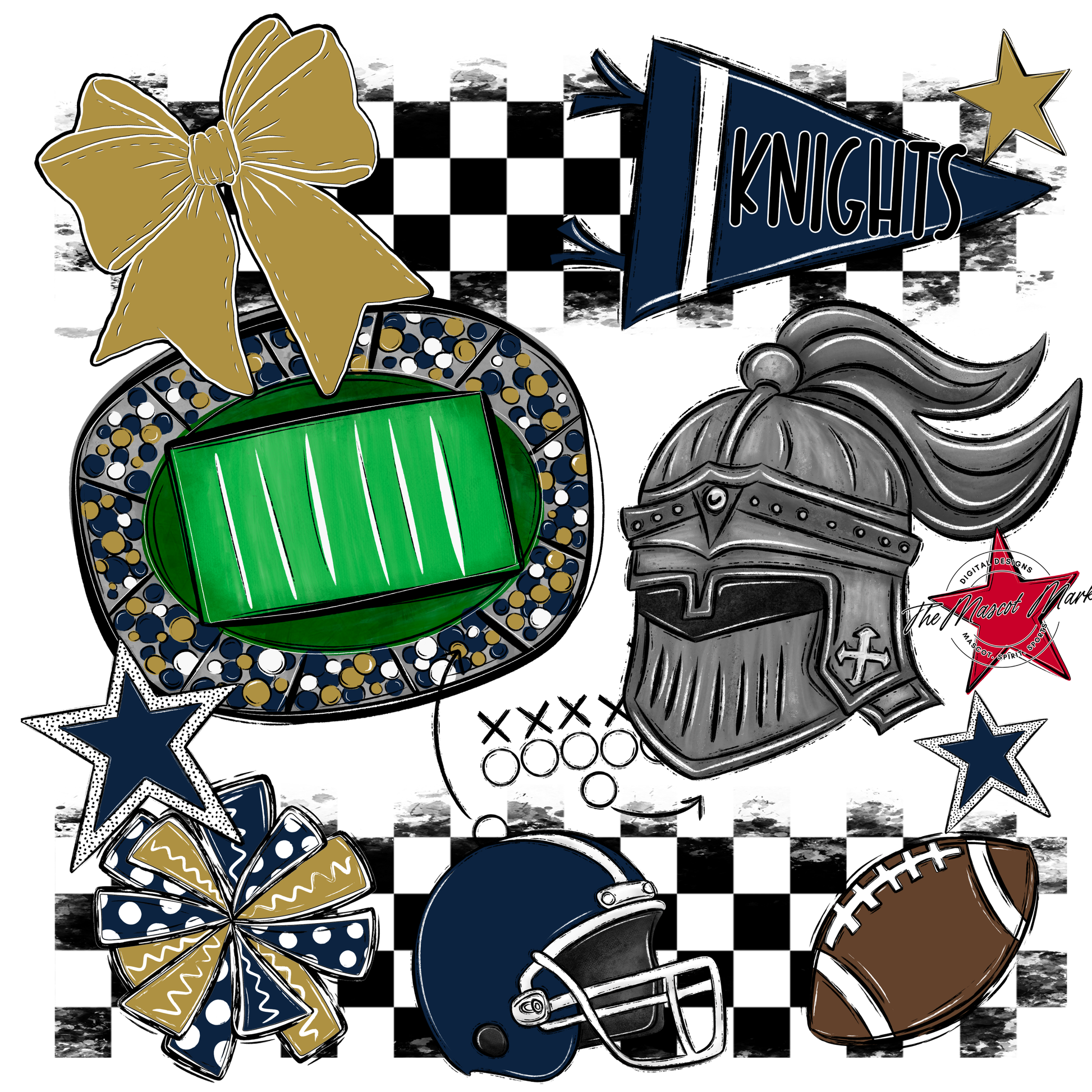 Knights Checkers Mascot Spirit Design-Navy-Gold