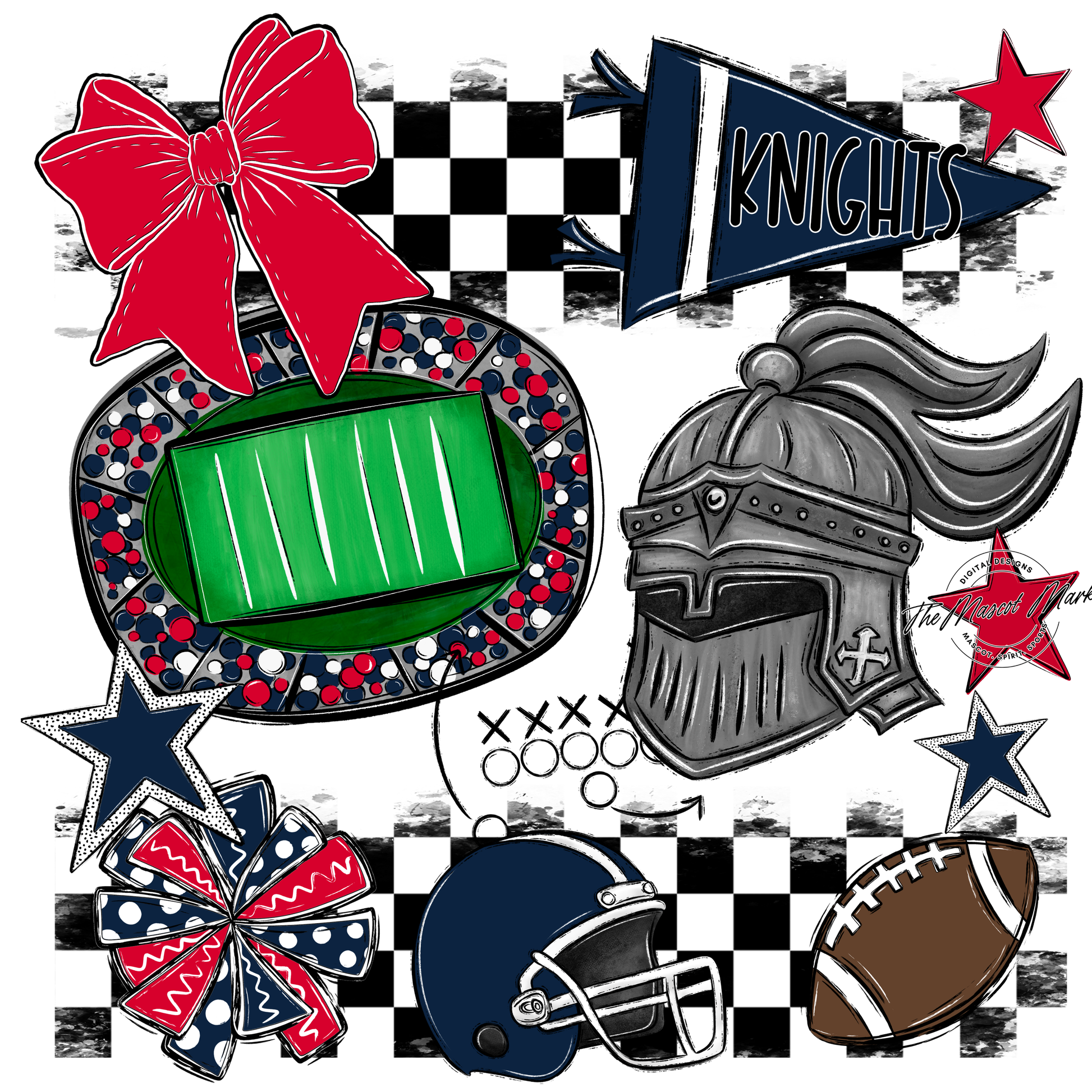 Knights Checkers Mascot Spirit Design-Navy-Red
