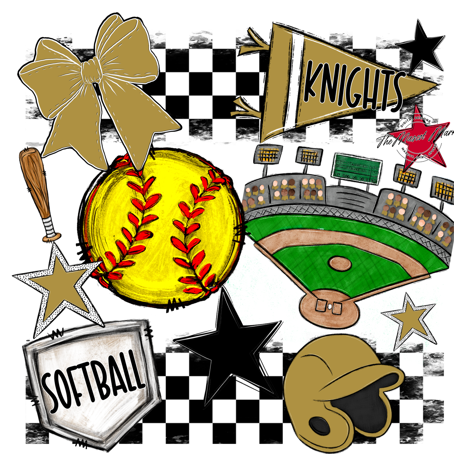 Knights Checkers Softball Spirit Design-Gold
