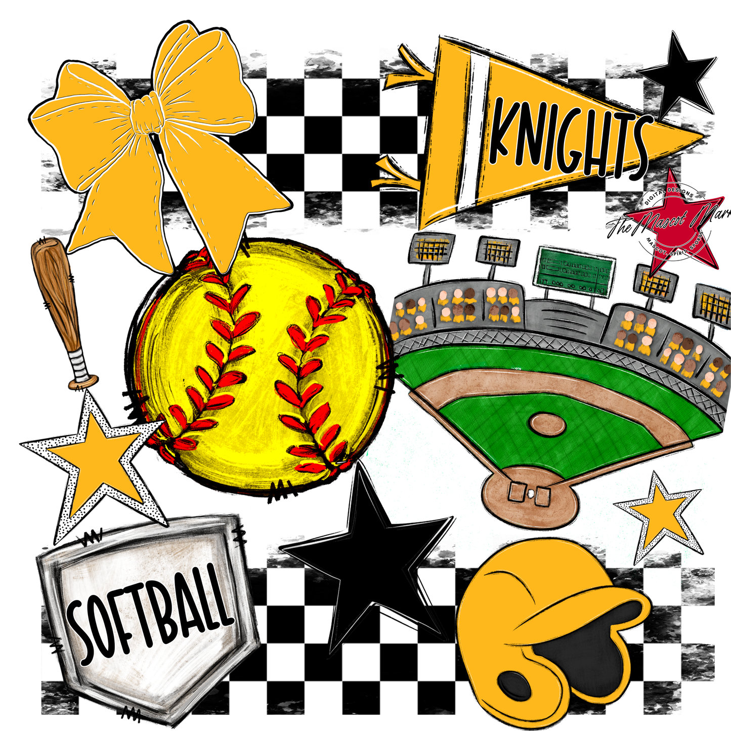 Knights Checkers Softball Spirit Design-Yellow