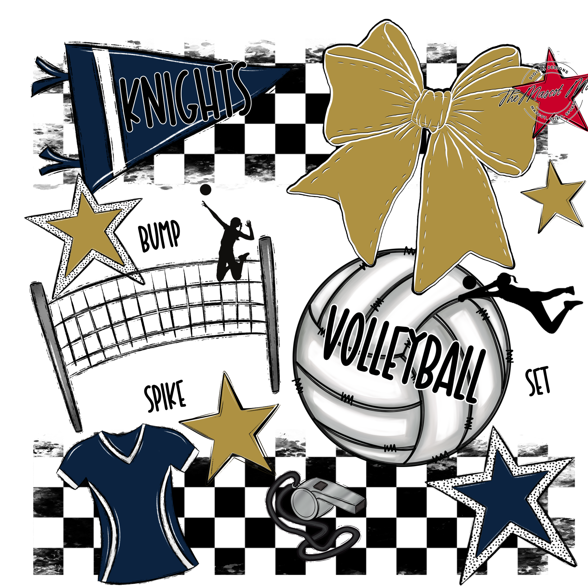 Knights Checkers Volleyball Spirit Design-Navy-Gold