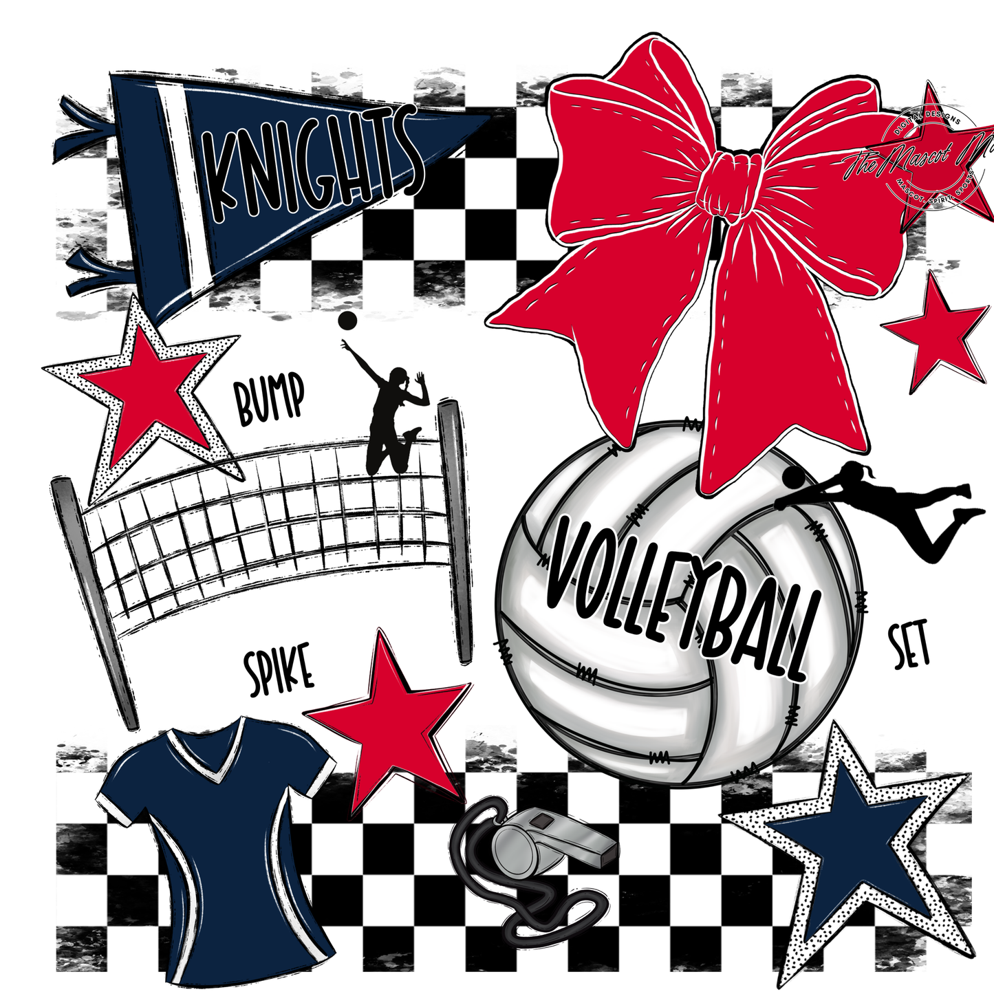 Knights Checkers Volleyball Spirit Design-Navy-Red