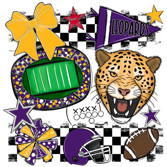 Leopards Checkers Mascot Spirit Design-Purple-Yellow