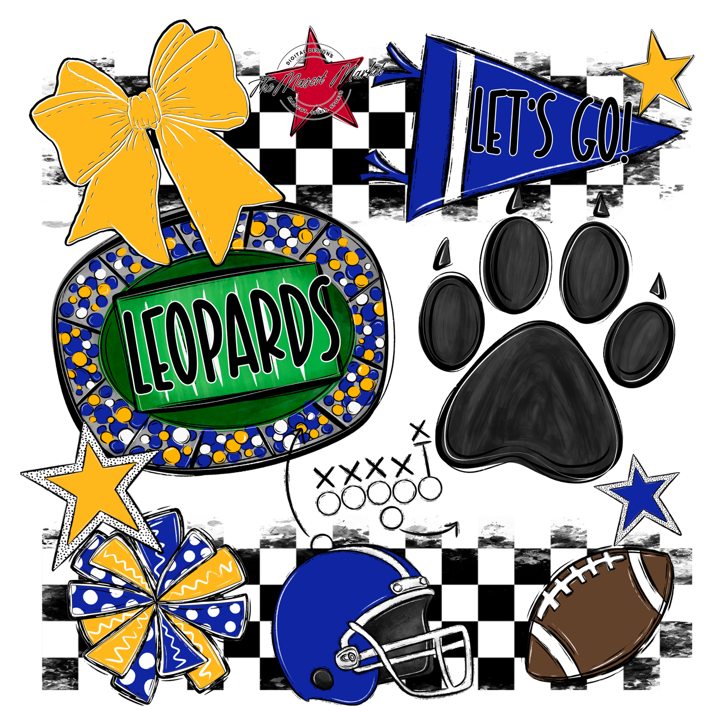 Leopards Checkers Mascot Spirit Design w Paw-Royal Blue-Yellow