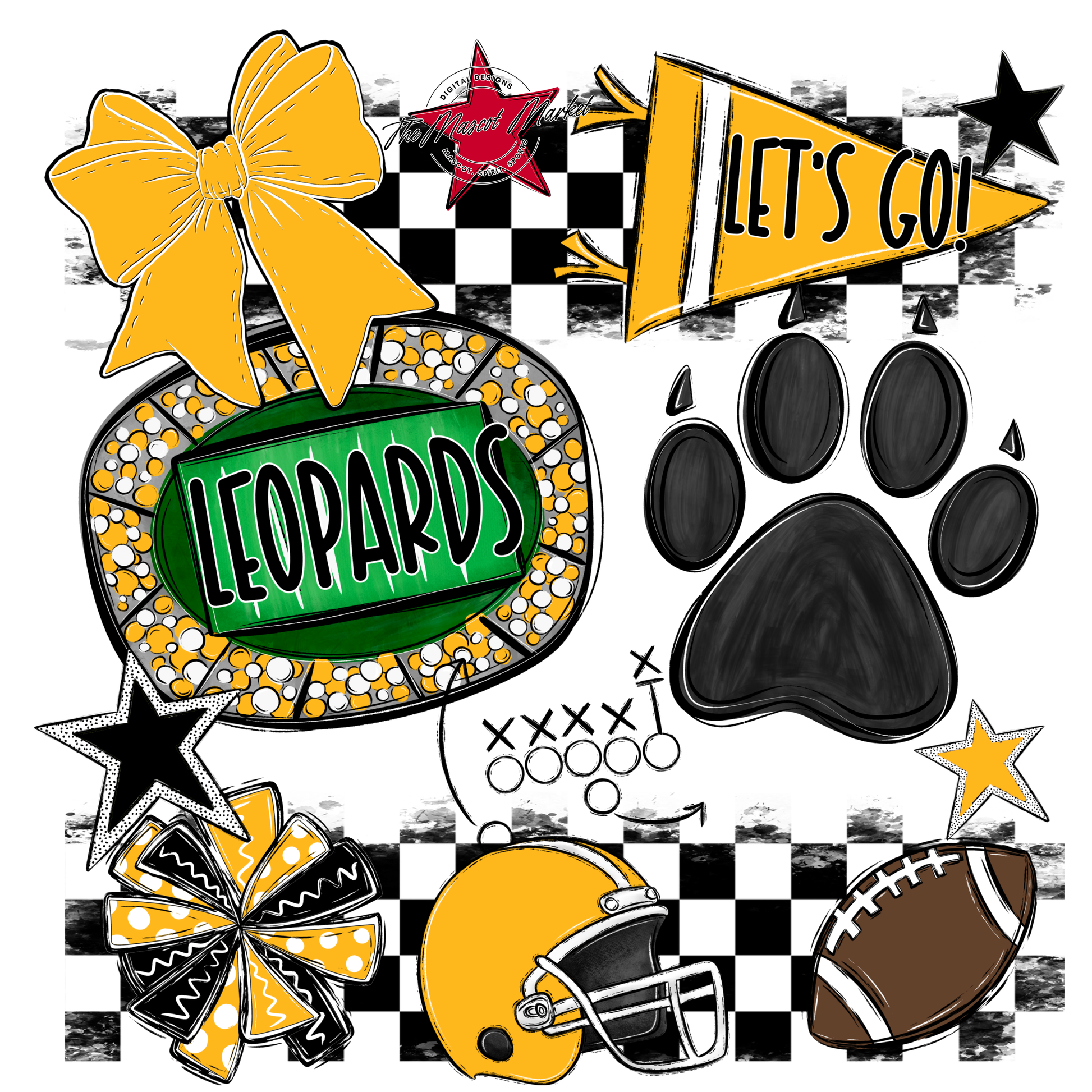 Leopards Checkers Mascot Spirit Design w Paw-Yellow