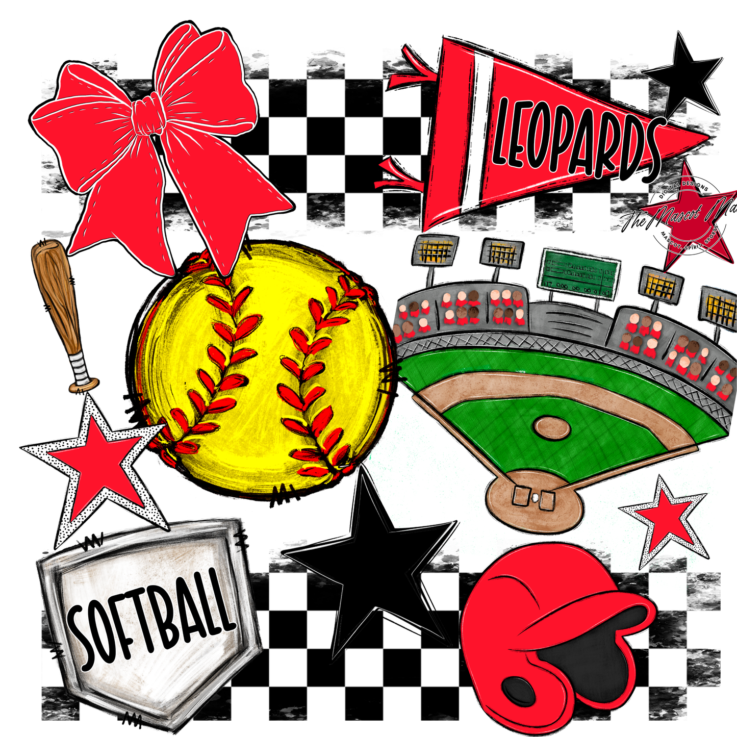 Leopards Checkers Softball Spirit Design-Bright Red