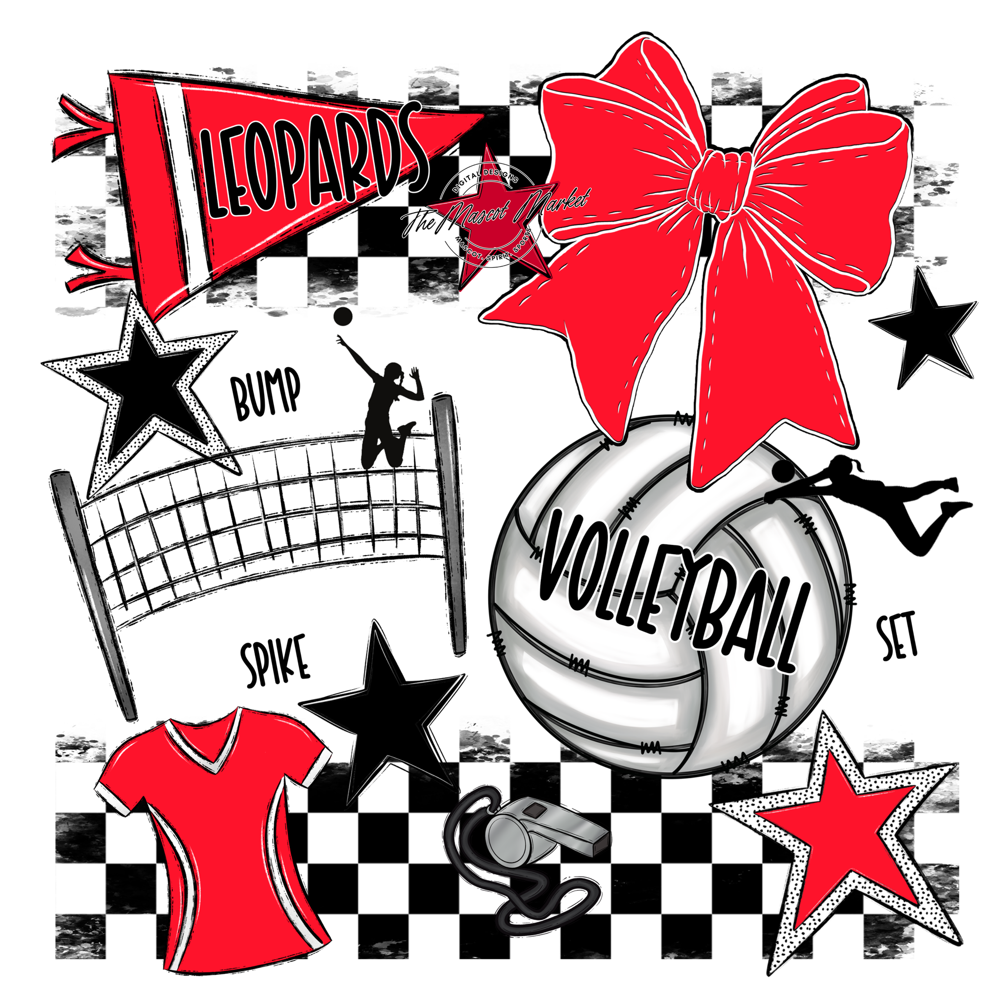 Leopards Checkers Volleyball Spirit Design-Bright Red