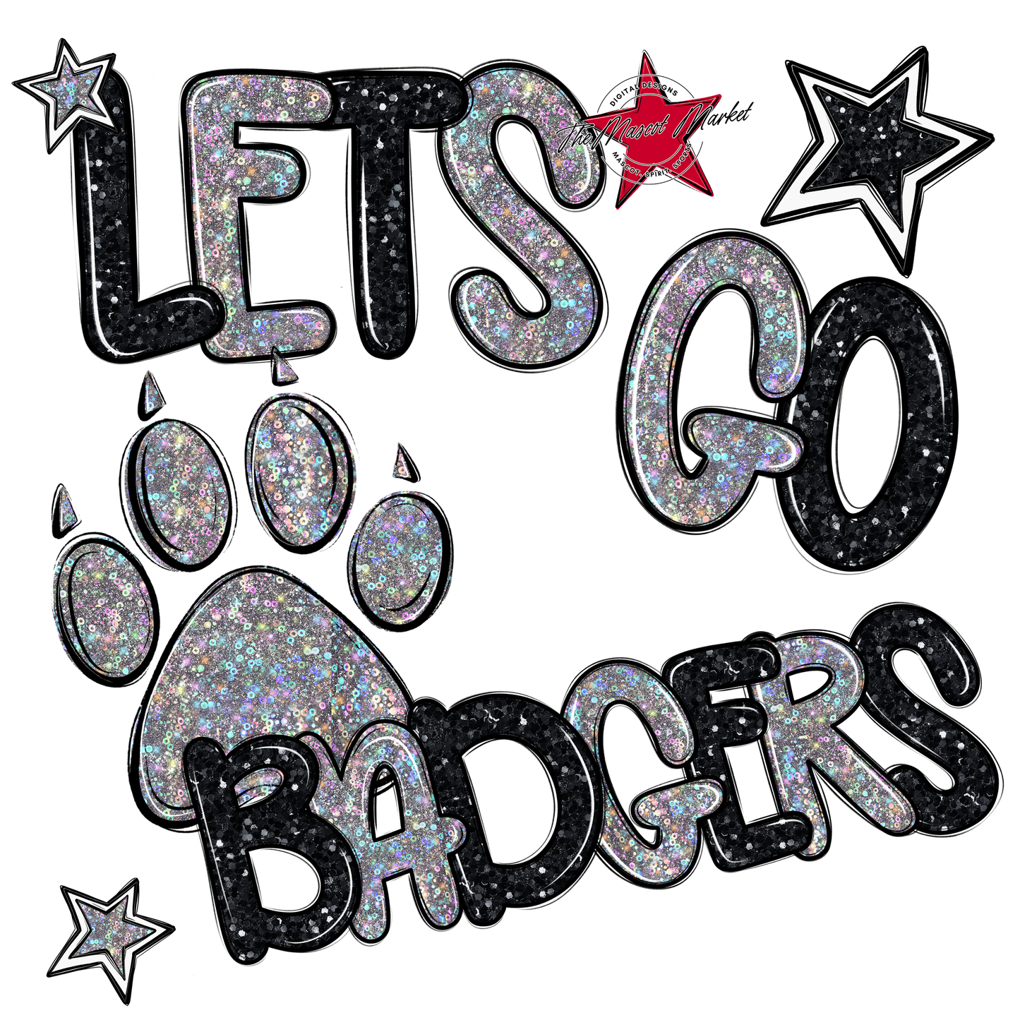 Lets Go Badgers Glitter-Black-Silver