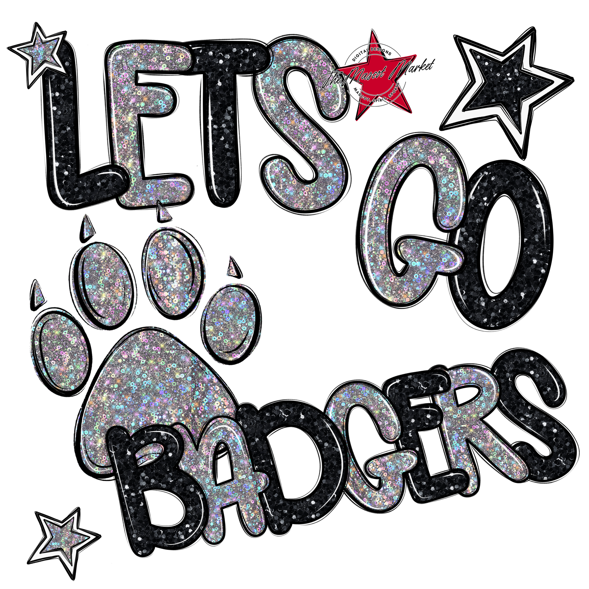 Lets Go Badgers Glitter-Black-Silver