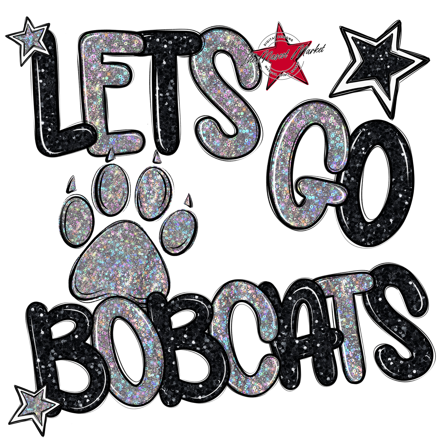 Lets Go Bobcats Glitter-Black-Silver