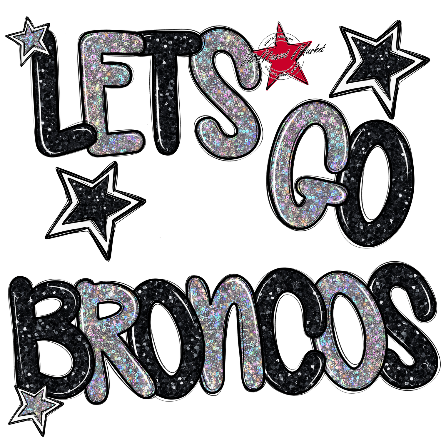 Lets Go Broncos Glitter-Black-Silver