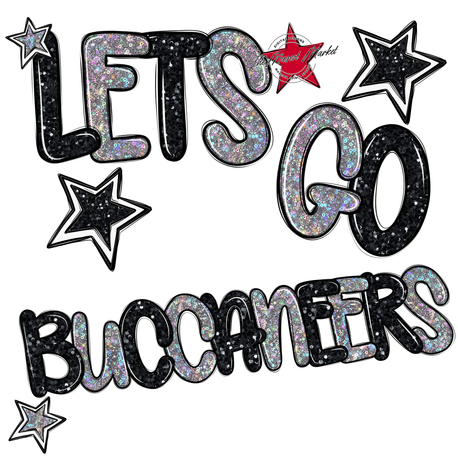 Lets Go Buccaneers Glitter-Black-Silver