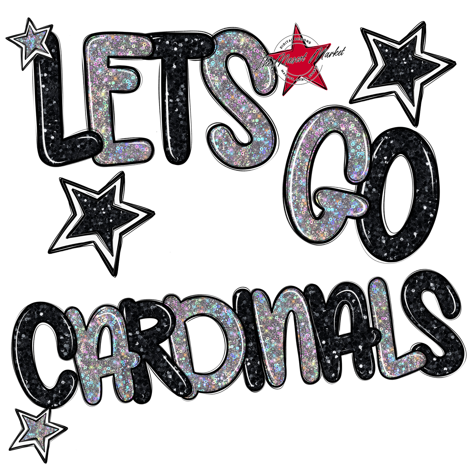 Lets Go Cardinals Glitter-Black-Silver
