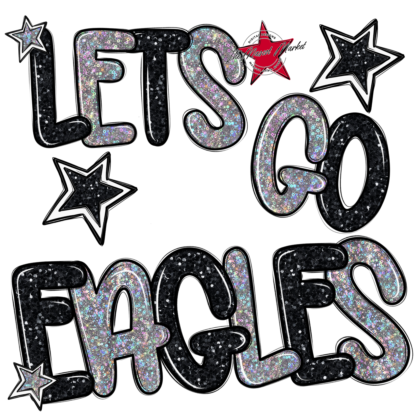 Lets Go Eagles Glitter-Black-Silver