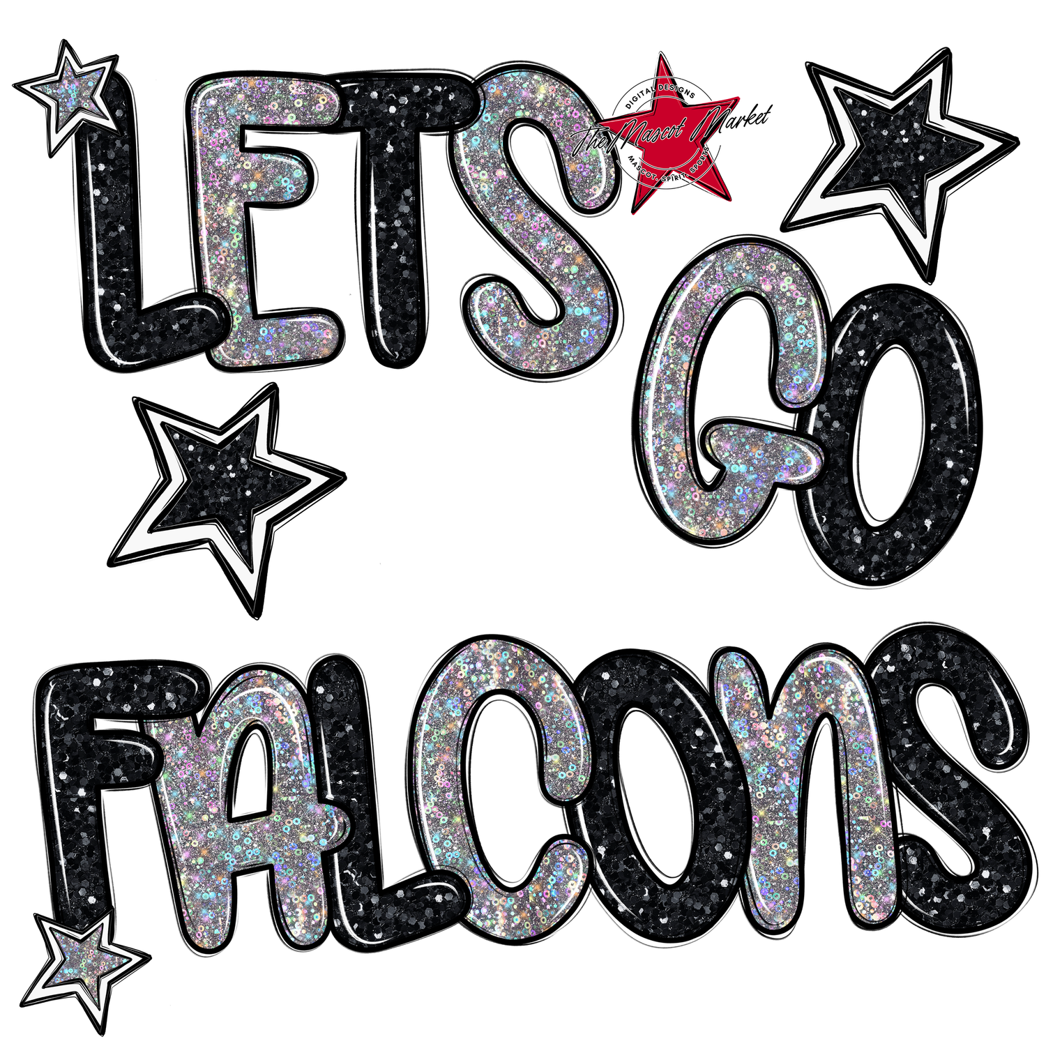 Lets Go Falcons Glitter-Black-Silver