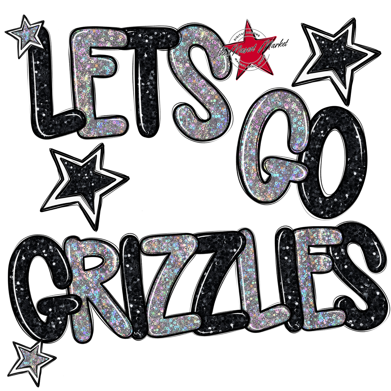 Lets Go Grizzlies Glitter-Black-Silver