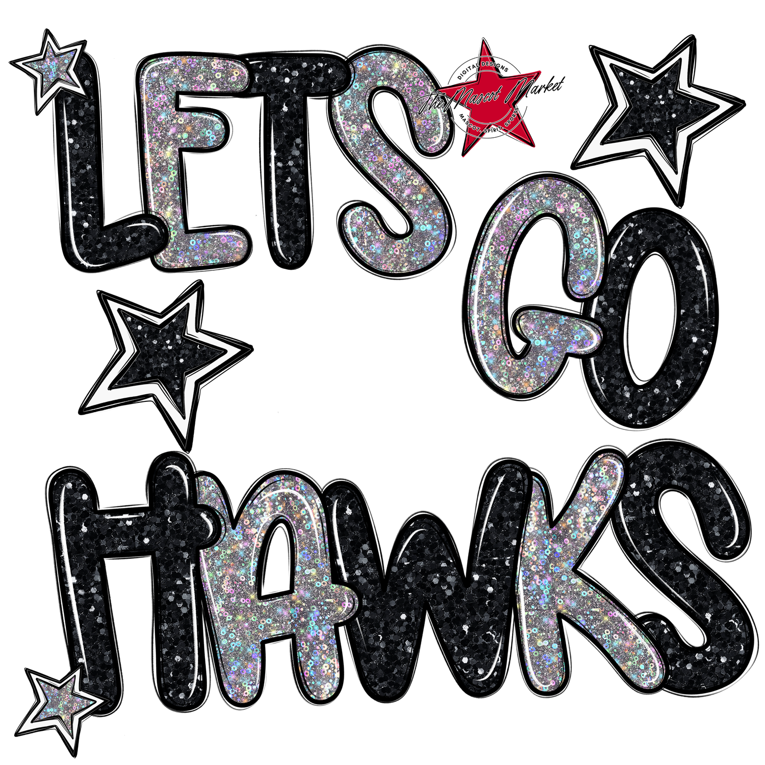 Lets Go Hawks Glitter-Black-Silver