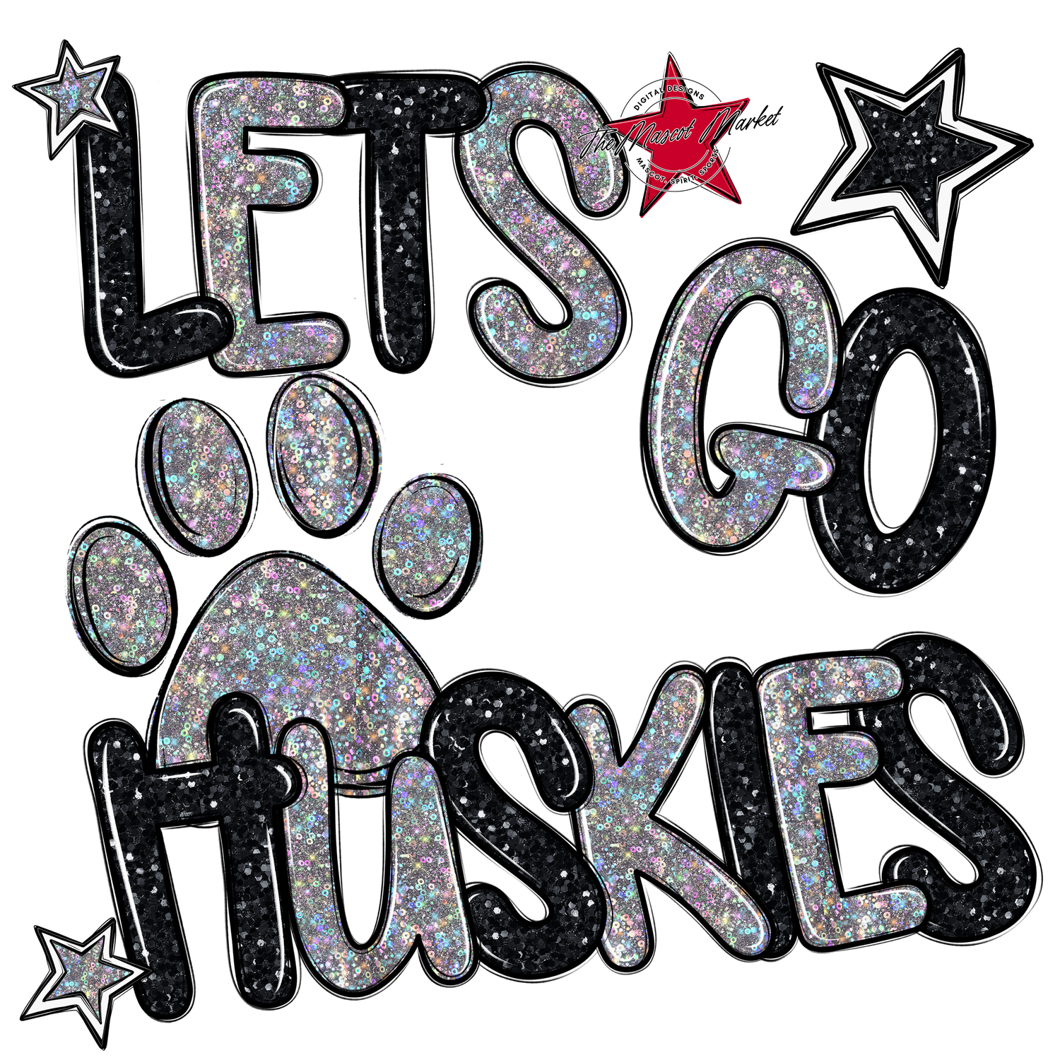Lets Go Huskies Glitter-Black-Silver