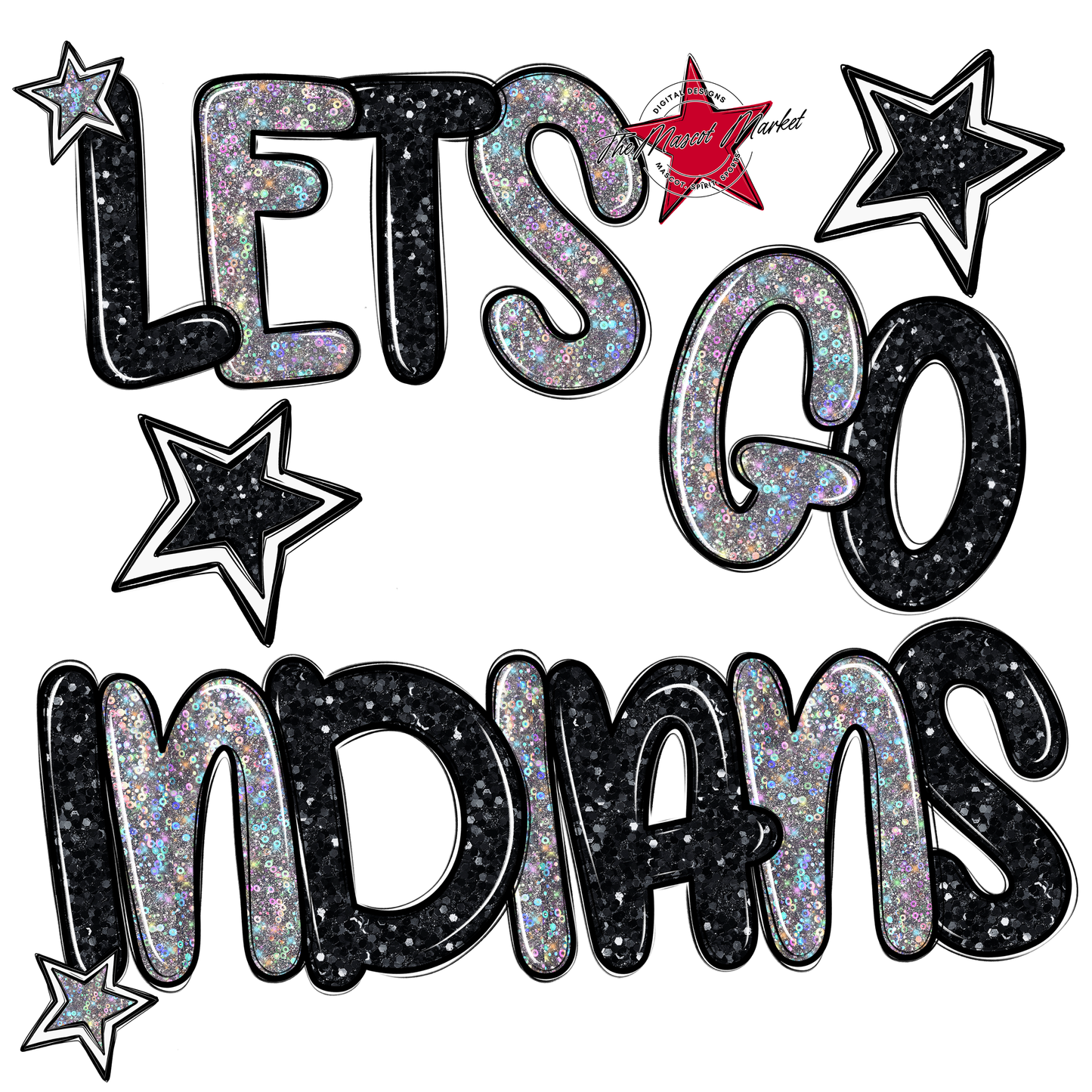 Lets Go Indians Glitter-Black-Silver