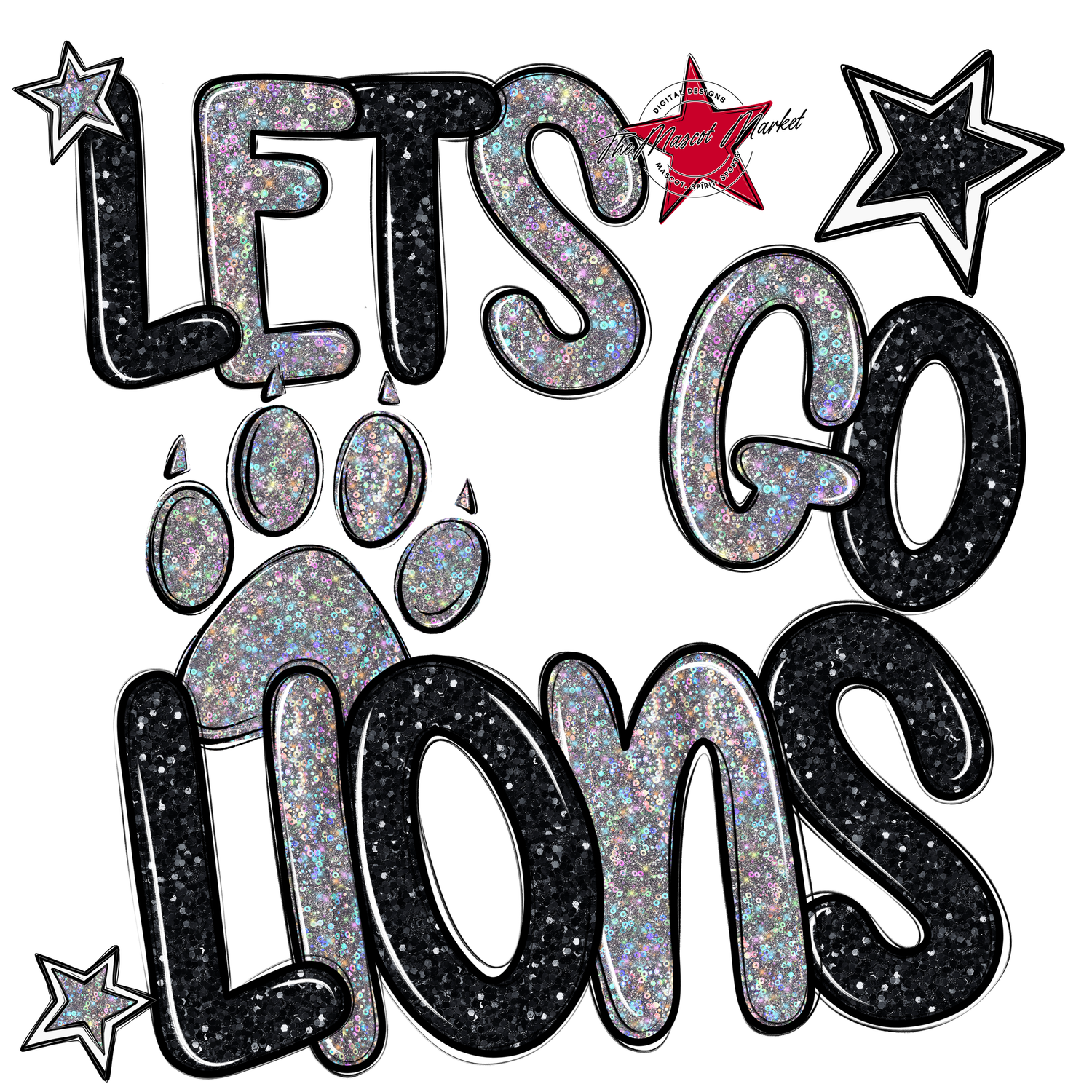 Lets Go Lions Glitter-Black-Silver