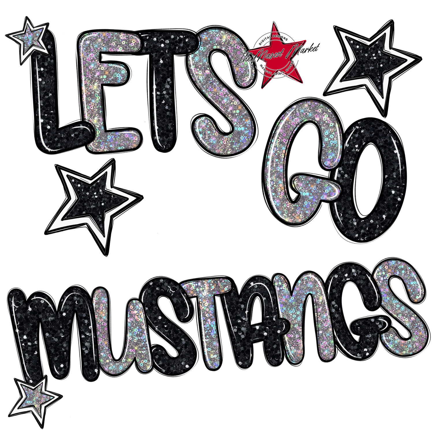 Lets Go Mustangs Glitter-Black-Silver